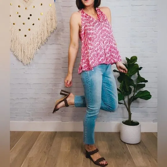 Skies Are Blue Pink Preppy Chevron Watercolor Halter Tiered Babydoll Tank Top - Picture 2 of 7